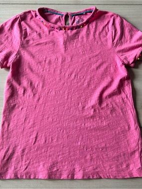 Mini Boden Bright Pink Short Sleeve Tee with Pom Pom Trim Detail